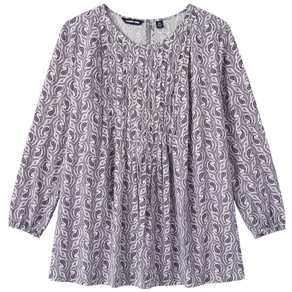 Lands End Paisley Peasant Blouse 3X New Blue White Pintuck Long Sleeve Plus Size